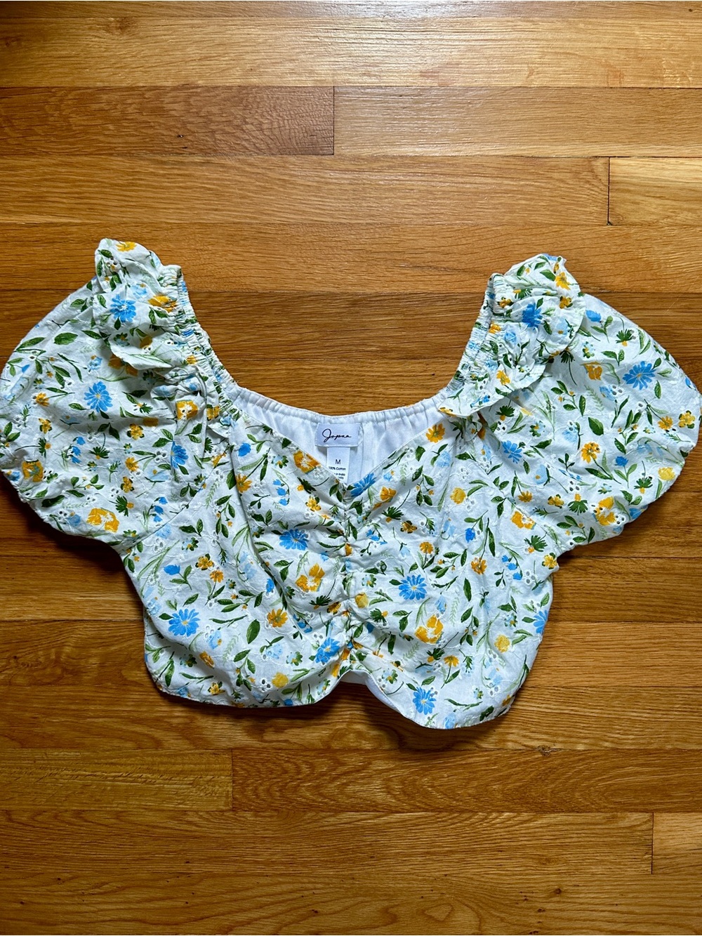Japna Summer-y Floral Ruffle Crop Top with Blue and Yellow Flowers